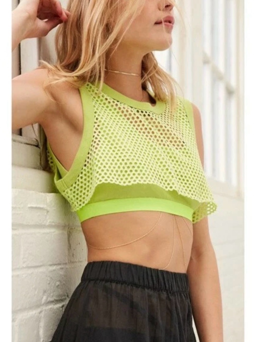 Urban Outfitters Off Road Mesh Overlay Cropped Large Lime Tank Top 80s Party!